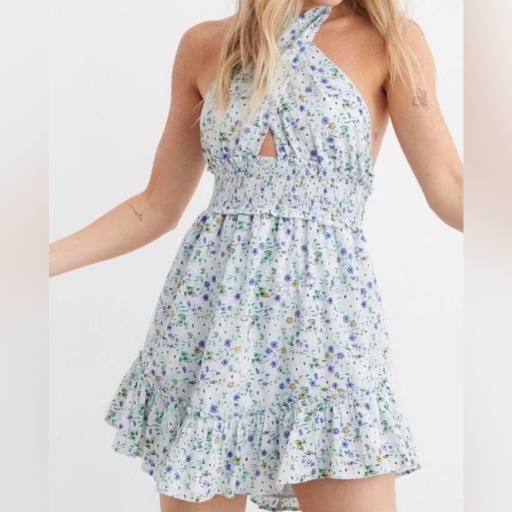 AERIE Spring Fling Floral Halter Mini Dress | Blue | Smocked | Cottagecore